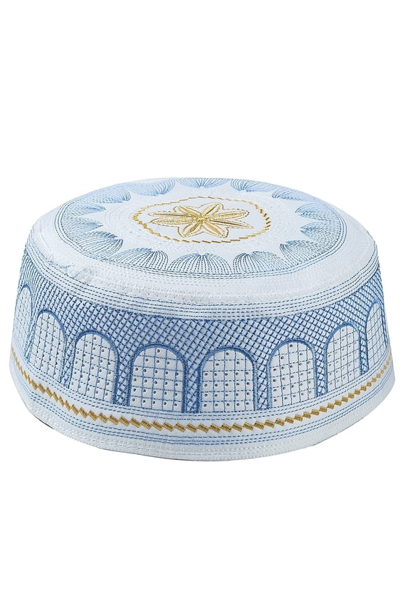 Muslim Prayer Hat for Men Islamic Skull Cap Embroidery Beanie Headwear, Soft Breathable Cotton Kofia Style for Ramadan Eid Gift, Blue