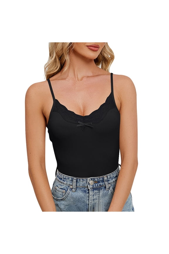 Scoop Neck Lace Cami Tops, Women's Adjustable Spaghetti Strap Stretch Fitted Camisole Undershirt Tank Top Double Lined Ribbed Basic Everyday Wear, Black