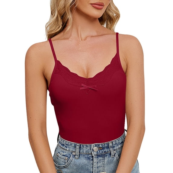 OIUUAK Soft Stretchy Lace Cami Tops for Women, V Neck Adjustable Spaghetti Strap Stretch Fitted Camisole Undershirt Tank Top Double Lined Cotton Blend Breathable Summer Going Out, Red