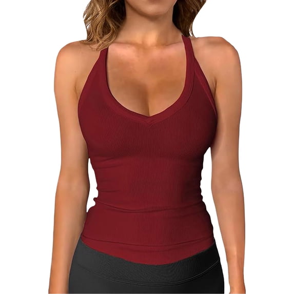 OIUUAK Women Workout Tank Tops, V Neck Racerback Y2K Going Out Ribbed Basic Slim Fit Yoga Gym Workout Shirts 2026 Summer Camisole Tee Blouse, Wine