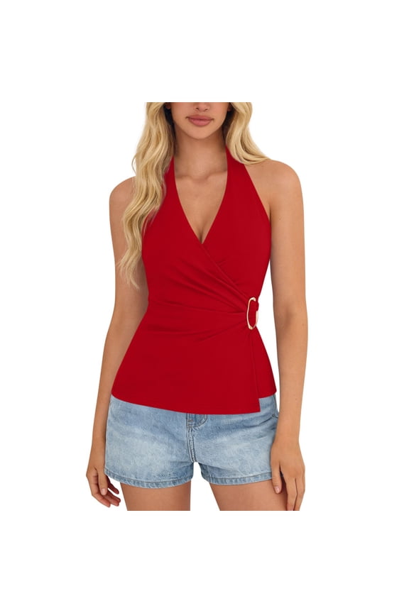 Womens Backless Halter Tops Deep V Neck Sexy Crop Tank Top Open Back Sleeveless Slim Fit Cute Going Out Y2k Summer Tops Beach Vacation Outfits, Red