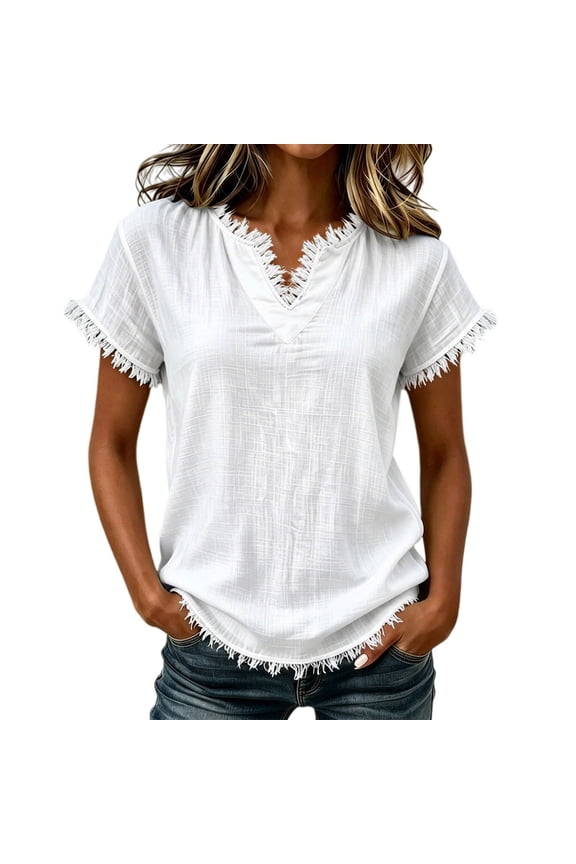 Womens Oversized V Neck Tops Short Sleeve Tunic Raw Edge Hem T Shirts Summer Boho Trendy Casual Basic Tees Loose Fit Solid Lightweight Top Daily Beach Travel Outfits, White S