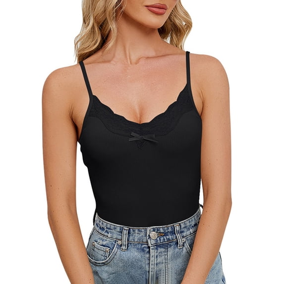 OIUUAK Y2K Lace Cami Tops for Women, V Neck Adjustable Spaghetti Strap Stretch Fitted Camisole Undershirt Tank Top Double Lined Ribbed Summer Going Out Outfits, Black