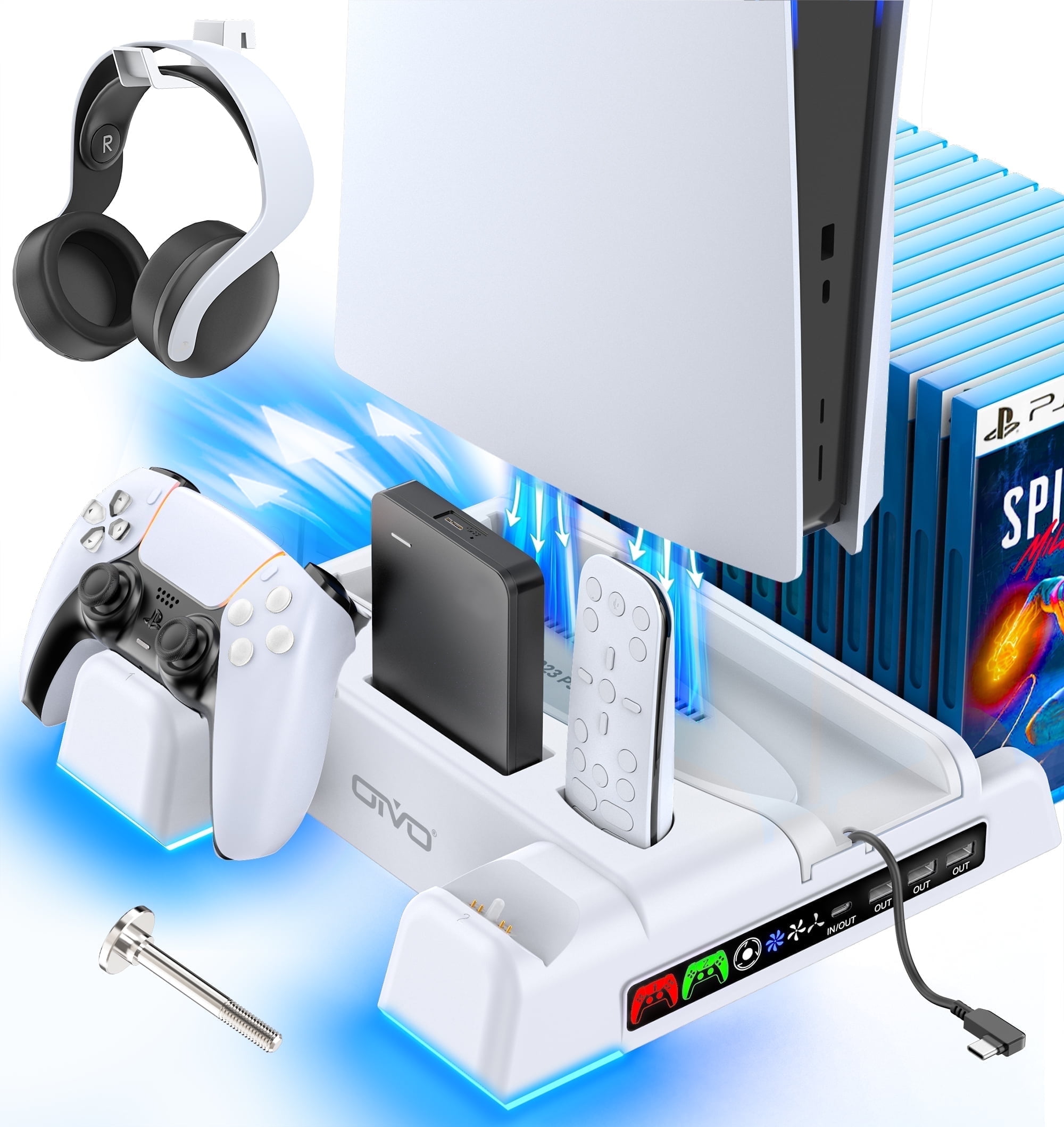 OIVO PS5/PS5 Slim Stand and Cooling Station with PS5 Controller Charger for Playstation 5 Console, PS5 / PS5 Slim Accessories with 3 Level Cooling Fan
