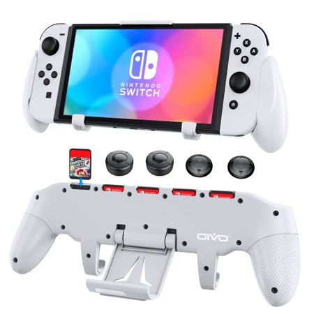OIVO Switch Grip with 5 Game Slots for Nintendo Switch & OLED Joy-Con, Asymmetrical Hand Grip with Adjustable Stand and 4 Thump Caps, White