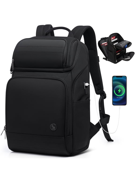 Men's Business Laptop Backpack with USB Charging Port, RFID Protection, Weight Reduction System, Air Weight Design, Travel Backpack, Black