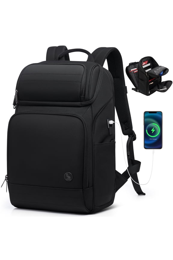 Men's Business Laptop Backpack with USB Charging Port, RFID Protection, Weight Reduction System, Air Weight Design, Travel Backpack, Black
