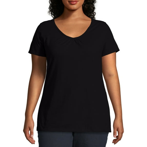 OJ193 Just My Size Slub-Cotton Short-Sleeve Shirred V-Neck Women's T-shirt COLOR black SIZE 32