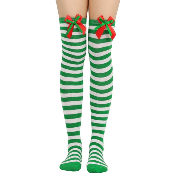 OJJCXA Womens Socks Breathable Casual Bow Accent Striped Thigh High Over Knee Christmas Cosplay Party Stockings
