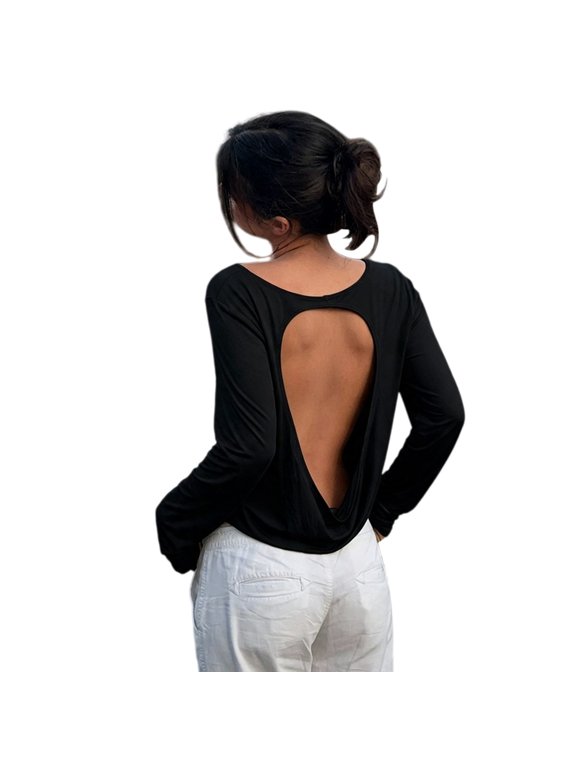 Womens Tops Loose Fit Dressy Backless Crop T Shirt Long Sleeve Rib Knit Casual Going Out Trendy Size - S