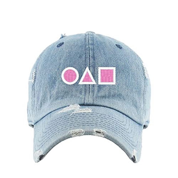 OJM Korean Letters Vintage Baseball Cap Embroidered Cotton Adjustable Distressed Dad Hat Light Denim