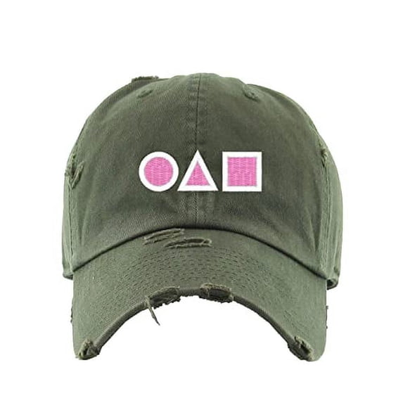OJM Korean Letters Vintage Baseball Cap Embroidered Cotton Adjustable Distressed Dad Hat Olive