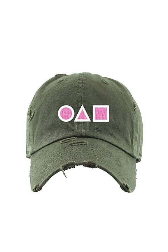 OJM Korean Letters Vintage Baseball Cap Embroidered Cotton Adjustable Distressed Dad Hat Olive