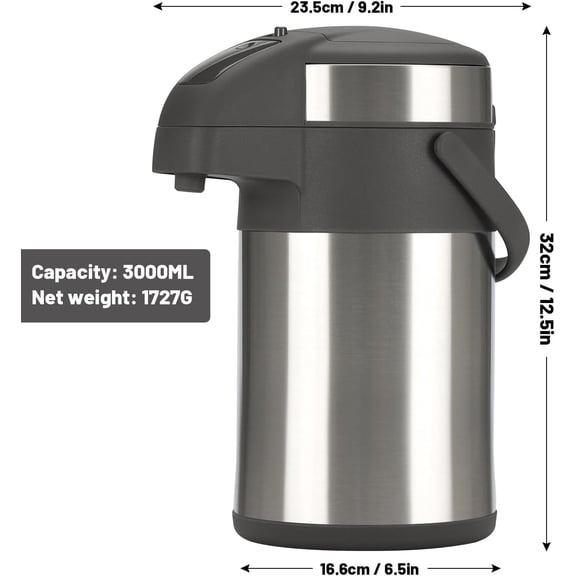 OJOJ 3L Thermal Coffee Carafe with Pump Stainless Steel Beverage Dispenser for Hot Cold Drinks Silver