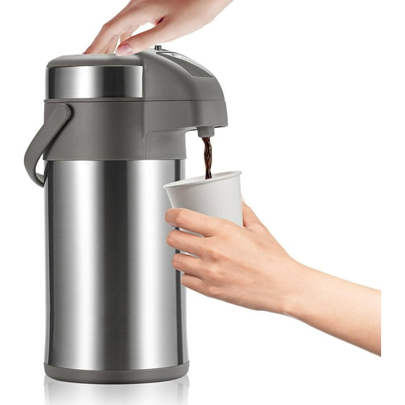 OJOJ 4L/133OZ Thermal Coffee Carafe with Pump, Bevera Dispenser, Airpot Stainless Steel for Hot Drinks Silver