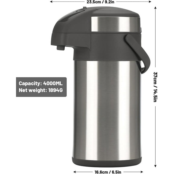 OJOJ 4L/133OZ Thermal Coffee Carafe with Pump, Thermal Beverage Dispenser, Coffee Airpot Stainless Steel Coffee Carafe for Hot Drinks Silver