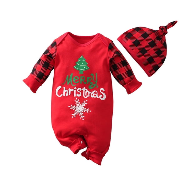 OJSFQUFP 2Pcs Christmas Baby Jumpsuit with Hat Long Sleeved Red Cotton Crawling Suit Party Performance Suit