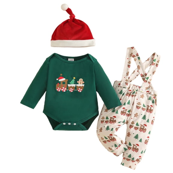 OJSFQUFP Baby Boy Christmas Outfit Long Sleeve Romper Pants Hat My First Christmas Baby Boy Outfit Romper Pants Hat Outfit Boy 3Pcs Infant Xmas Clothes