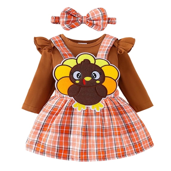 OJSFQUFP Baby Girl Fall Winter Outfits Thanksgiving Outfit Long Sleeve Romper Suspender Skirt Set 3Pcs