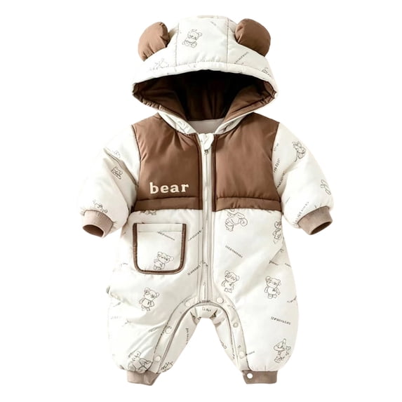 OJSFQUFP Baby Winter Hooded Snowsuit Cute Bear Ear Padded Jumpsuit Color Block Cartoon Print Warm for Boys Girls