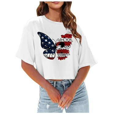 OJSFQUFP Blouses Women White Womens Crop Tops Casual Fashion Printed Cute Baggy T-Shirt Crew Neck Short Sleeve Pullover T Shirt L