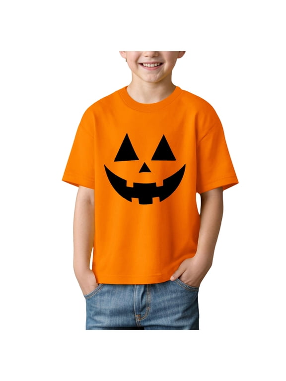 Boys Girls Halloween Pumpkin Face Printed Short Sleeved Tee Pumpkin Halloween Boys T-Shirt