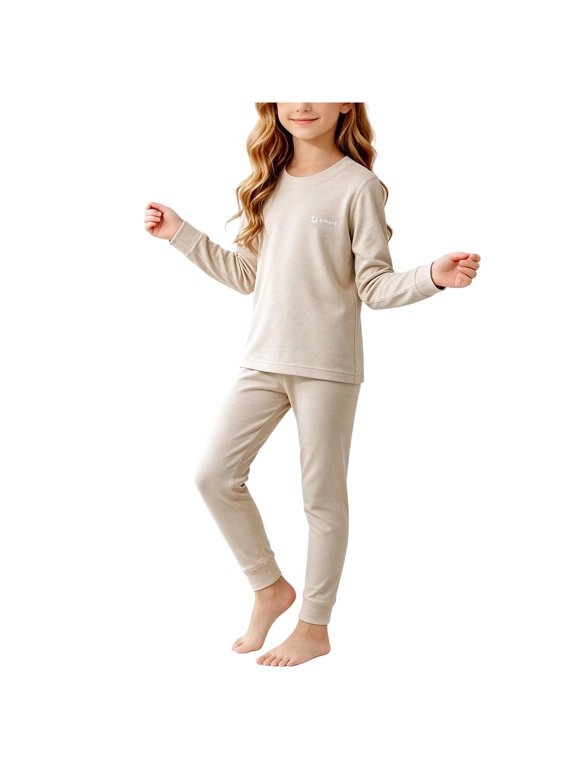 Boys and Girls Long Sleeve Solid Color Thermal Underwear Set Double Wool Silk Blend Seamless Construction Thickened for Fall and Winter Warmth