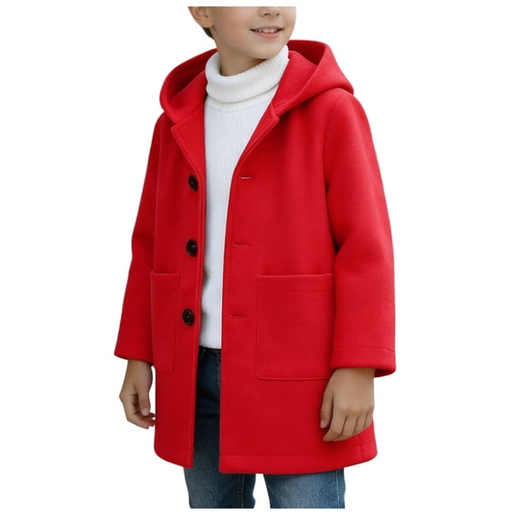 OJSFQUFP Boys' Hooded Single Breasted Solid Color Elegant Coat Versatile Wool Trench Coat for Toddlers and Preschoolers