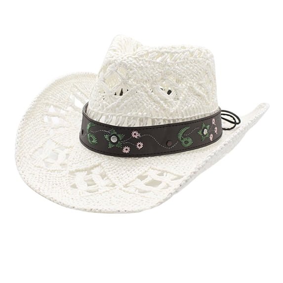 OJSFQUFP Cowboy Hat Cow Girl Hat Cowboy Hats for Women/Mens/Straw Wide with Shapeable Brim Cowboy Hat for Womens/White