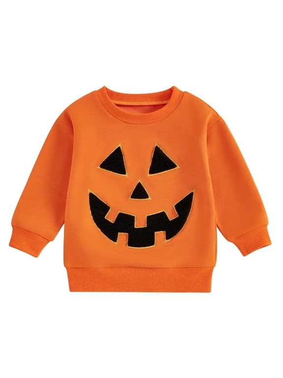 Cute Boys' Casual Halloween Pumpkin Hoodie Unique Embroidered Long Sleeves and Round Neck Hoodie