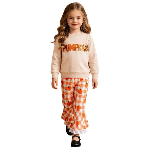OJSFQUFP Cute Halloween Girl Set Baby Girl Letter Embroidered Towel Long Sleeved T Shirt and Plaid Pants Two Piece Set