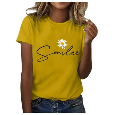 OJSFQUFP Cute Shirts For Women Yellow Womens Sunflower Print Pattern Round Neck Short Sleeved Tshirt Top Fashion Trend Printed T-Shirt Casual Loose T-Shirt XL