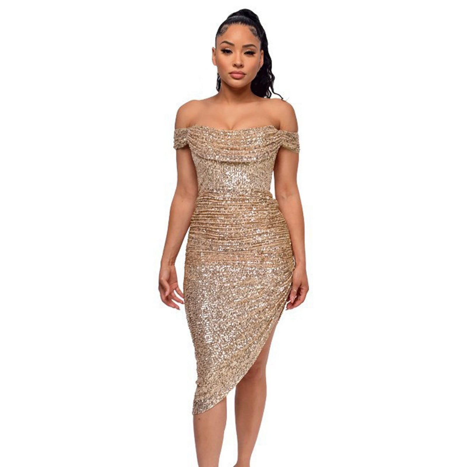 OJSFQUFP Dress for Apple Shaped Women Rose Gold Wedding Guest Dresses for Women French Style Off Shoulder Solid Color Pleated Dress with Sexy Vibe and Sparkling Sequins L2 Walmart