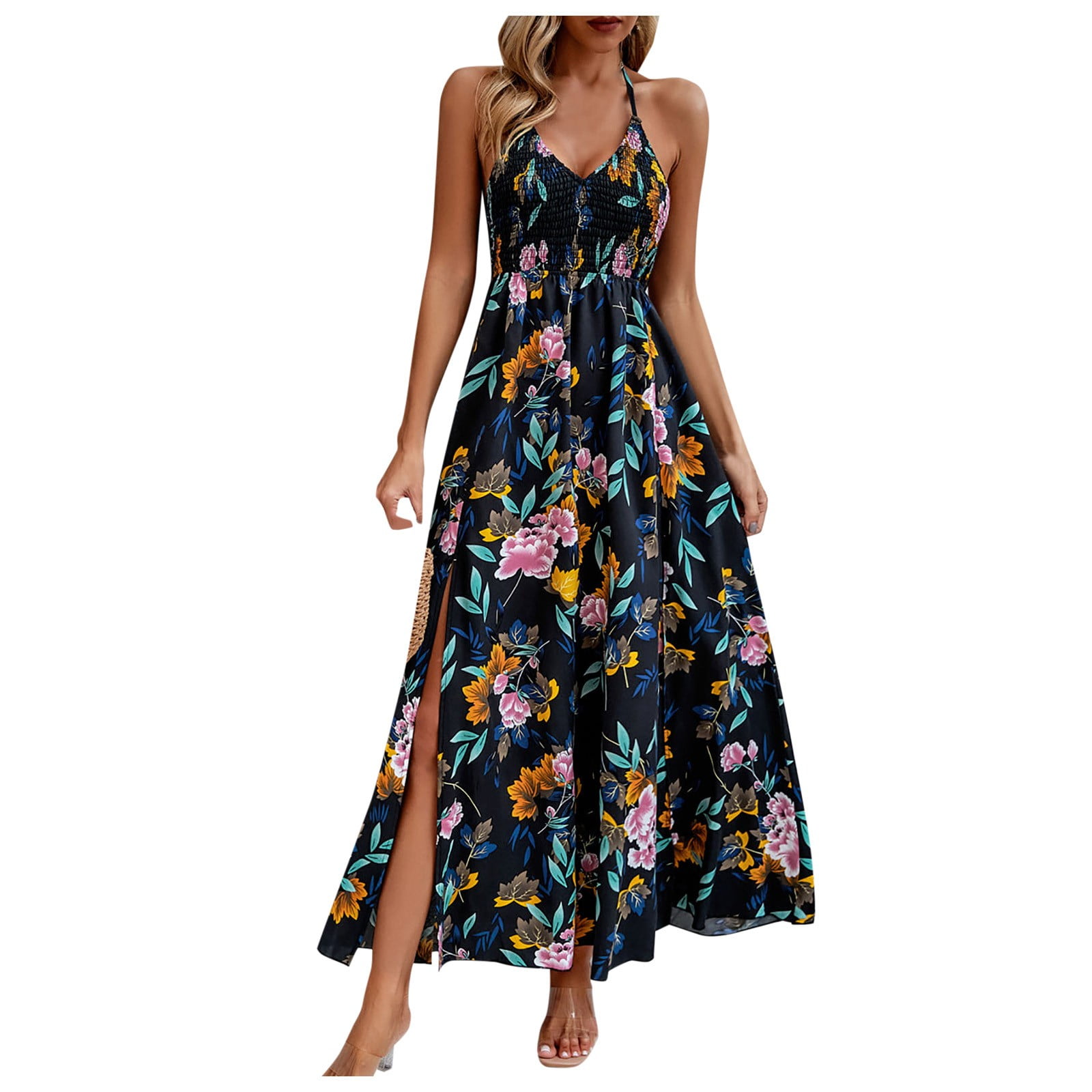 Women Cami Maxi Dresses Floral Boho Beach Long Dresses V