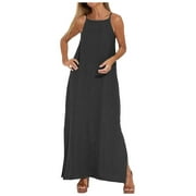 OJSFQUFP Dresses for Women Black Women's Fashion Casual Split Strap Dress Solid Color Boho Long Dresses Long Summer Dresses M
