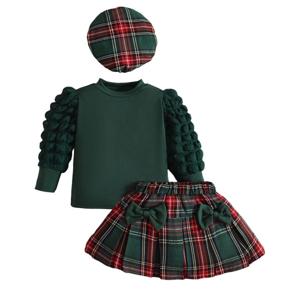 OJSFQUFP Girls Christmas Comfortable and Breathable Set Cute Printed Long Sleeve Top Checkered Short Skirt Beret Three Piece Set