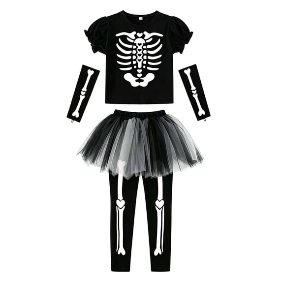 OJSFQUFP Girls Halloween Cute Print Short Sleeve Top Pants Gloves Set Girls Stage Performance