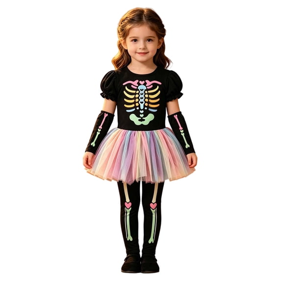 OJSFQUFP Girls Halloween Cute Print Short Sleeve Top Pants Gloves Set Girls Stage Performance