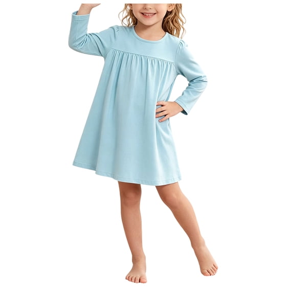 OJSFQUFP Girls' Long Sleeved Home Nightgown Leisure Cute Solid Color Dress