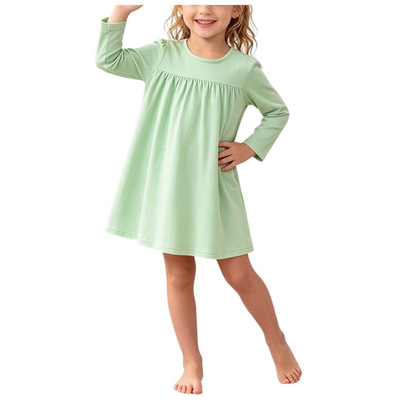 OJSFQUFP Girls' Long Sleeved Home Nightgown Leisure Cute Solid Color Dress