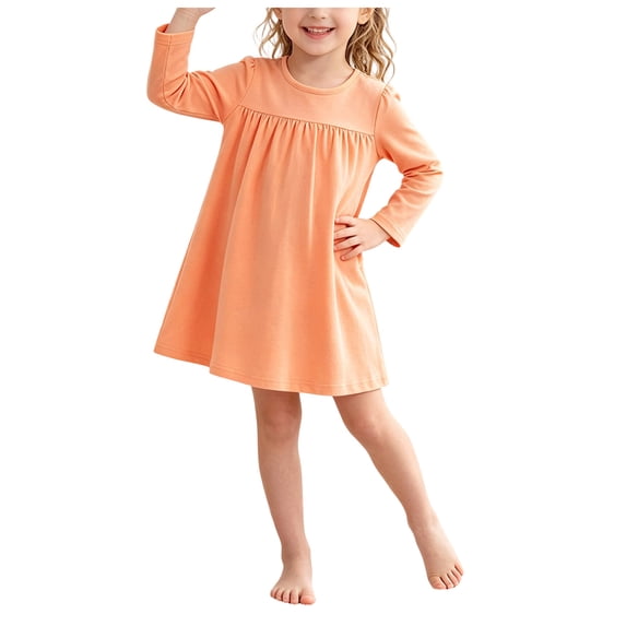 OJSFQUFP Girls' Long Sleeved Home Nightgown Leisure Cute Solid Color Dress