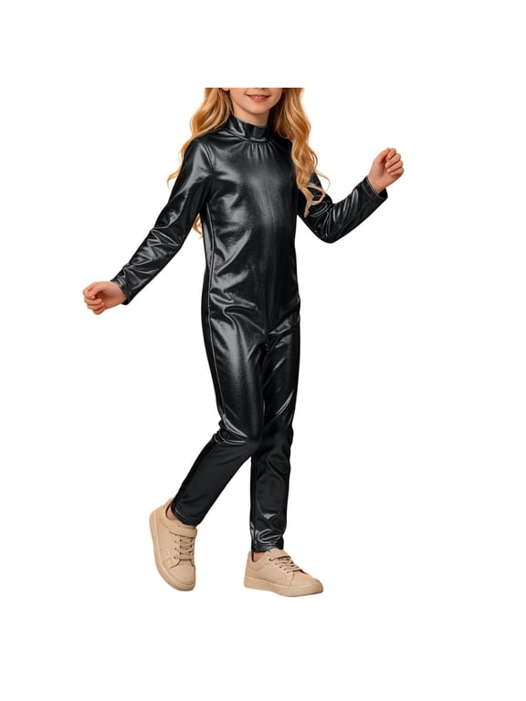 Girls Shiny Metallic Mock Neck Unitard Long Sleeve Full Jumpsuit Kids Slim Fit Bodysuit Dance Jumpsuit