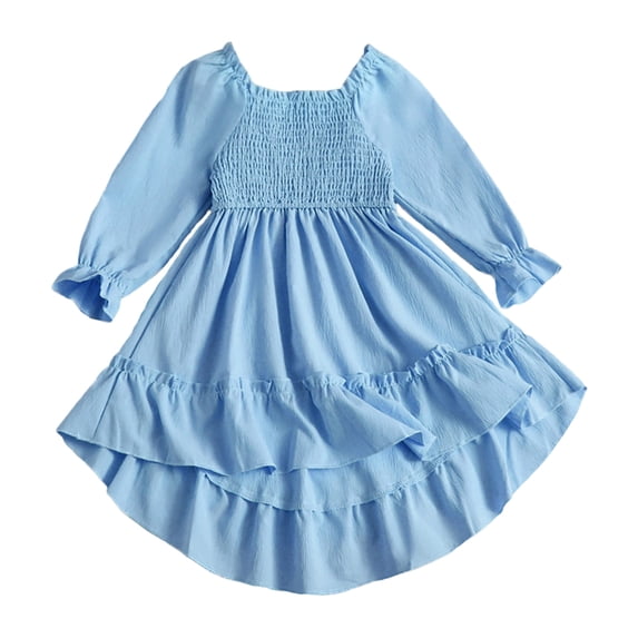 OJSFQUFP Girls' Spring Summer and Fall Dress: Square Neck Flared Sleeves Ruffled Hem Dress