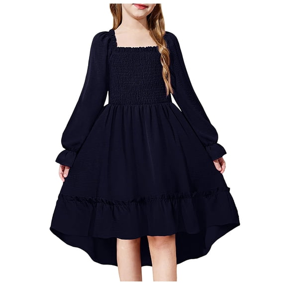 OJSFQUFP Girls' Spring Summer and Fall Dress: Square Neck Flared Sleeves Ruffled Hem Dress