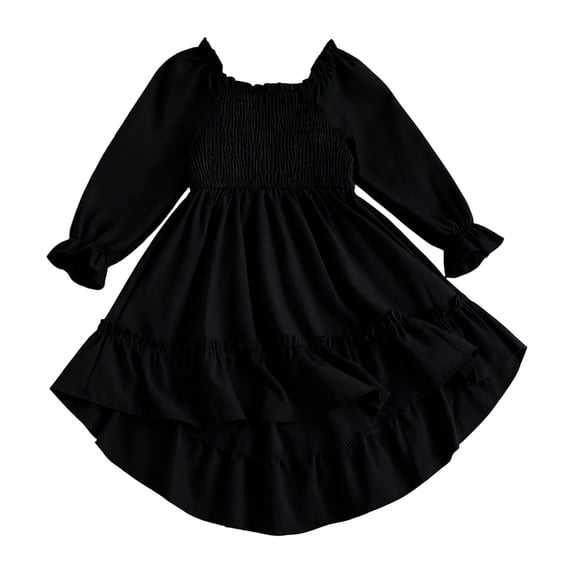OJSFQUFP Girls' Spring Summer and Fall Dress: Square Neck Flared Sleeves Ruffled Hem Dress