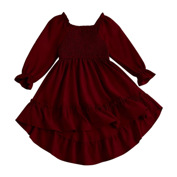 OJSFQUFP Girls' Spring Summer and Fall Dress: Square Neck Flared Sleeves Ruffled Hem Dress
