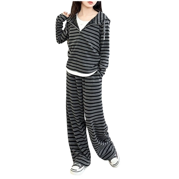 OJSFQUFP Girls Suit Stylish Medium and Large Childrens Hooded Zipper Jacket Wide Leg Pants Two Piece Suit