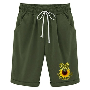 OJSFQUFP Groovy Outfit Woman Army Green Women Floral Print Summer Drawstring Prints Shorts Lacing Beach Cotton Pants Workout Pocket Five Point Pants S