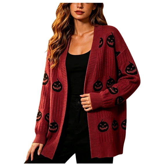 OJSFQUFP Halloween Cardigan for Women Open Front Oversized Pumpkin Sweater Fall Cozy Coat Casual Daily Outfits