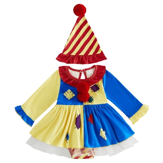 OJSFQUFP Halloween Outfit Infant Baby Girl Halloween Clown Cos Long Sleeve Romper Dress with Hat Toddler Trick Or Treat Outfit 0-18M